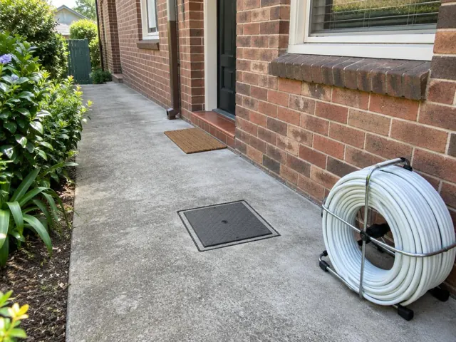 Concrete side path beside a brick house with a flush access cover and no excavation scar in Pymble