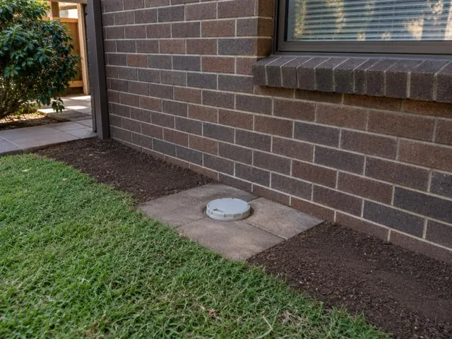 Capped inspection opening in a paved strip beside a brick house and lawn in St Ives